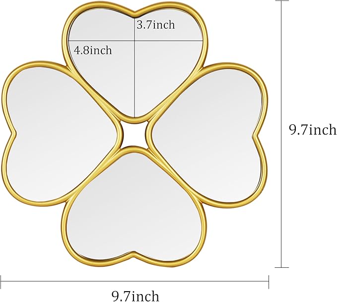 Small Decoritive Heart Wall Mirrors Set of 3, Decorative Four-Leaf Clover Mirror (Gold)