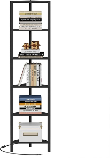 TUTOTAK Corner Shelf with LED Light, 6-Tier Corner Bookshelf for Small Space, Narrow Display Corner Shelf Stand with Storage Rack, for Living Room, Bedroom, Black BS05BK006L