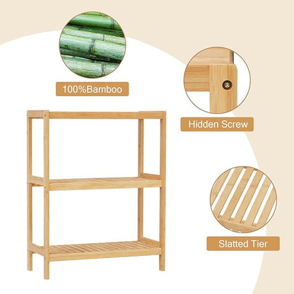 Bamboo Bathroom Shelf, Stand Utility Storage Shelf Multifunctional Bathroom Kitchen Living Room Holder Plant Flower Stand (3-Tier)