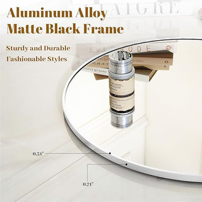 VooBang White Round Bathroom Mirror, 24 inch Circle Wall Mounted Hanging Mirror with Simple Modern Circular Metal Frame for Hallway, Entryway, Living Room, White Frame