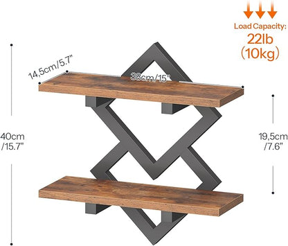 HOOBRO 15" Floating Shelves for Wall, Set of 2 Wall shelf, 2-Tier Hanging Shelves, Wall Mounted Storage Shelf, Display Rack, for Living Room Bedroom Kitchen Bathroom, Rustic Brown and Black BF14BJP201