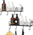 Lyeasw Black Floating Shelves Wall Mounted with 8 Removable Hanging Hooks, 15-Inch Adhesive Shower Shelf Organizer for Bathroom Kitchen Storage Rack, Set of 2