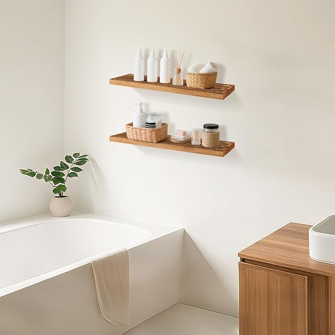 Solid Wood Floating Shelves Bathroom 24 inch Rustic Wall Wood Display Shelves with Grooves Set of 2 Home Decor for Living Room Bedroom Kitchen Farmhouse 24x6.7 inch - Brown