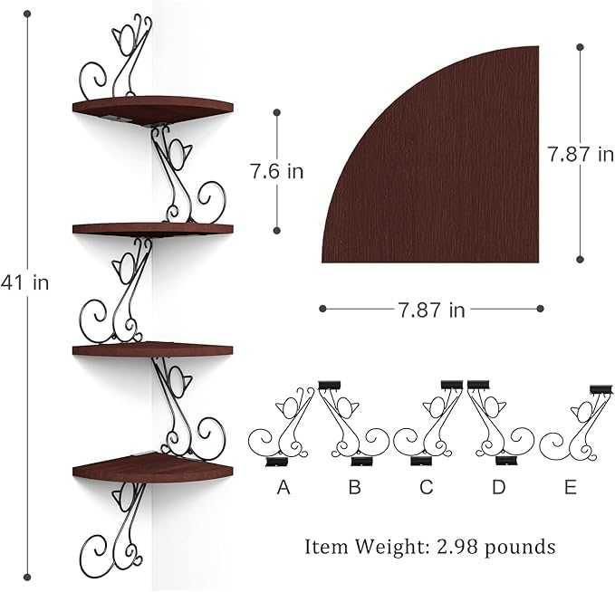 Alsonerbay Corner Shelf Wall Mount, 4 Tier Floating Shelves for Wall, Easy-to-Assemble Wall Shelves Rustic Wood Decor for Bedroom Living Room Bathroom Kitchen Office, Walnut Finish
