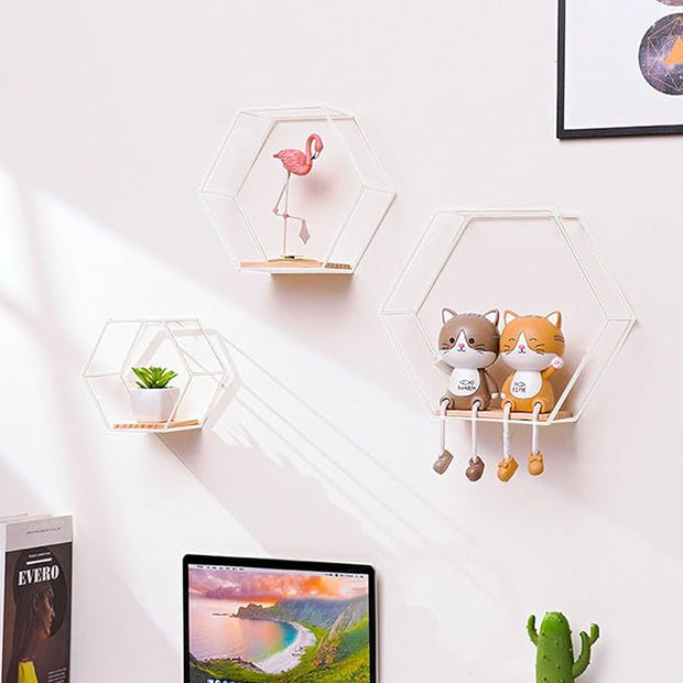 Modern Metal White Hexagonal Floating Shelves - Set of 3, Wood Partition Shelves for Bedroom, Living Room, Kitchen, Office, Plants and Art