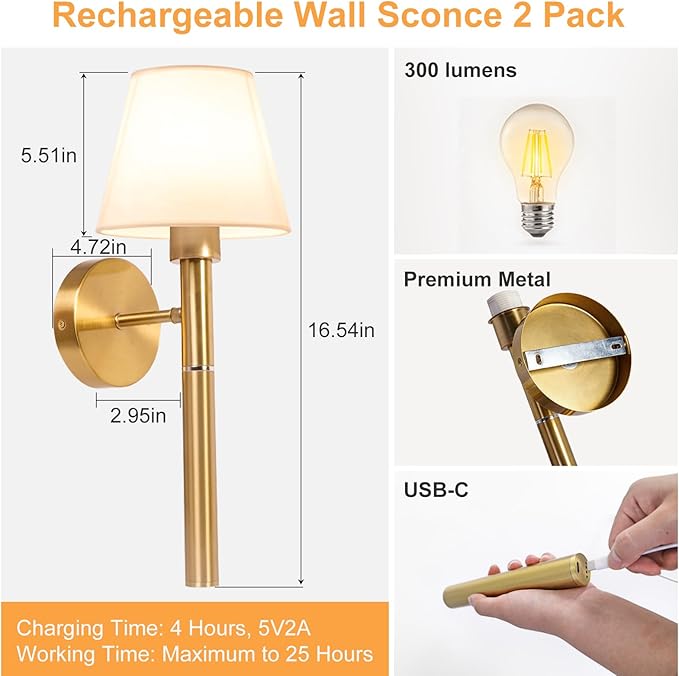 Battery Operated Wall Sconce Set of Two, 5200mAh Magnetic-Handle Rechargeable Sconces Wall Decor with Remote, Gold Wireless Wall Lights Lamp for Bedroom Living Room Home Decor(1 Spare Bulb)