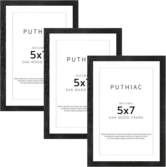 puthiac 5x7 Solid Oak Wood Picture Frame, Fits 4x6 with Mat or 5x7 Without Mat, Wall or Tabletop Display with Stand, Vertical or Horizontal, Plexi Front, 3 Pack, Black