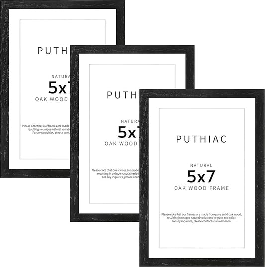 puthiac 5x7 Solid Oak Wood Picture Frame, Fits 4x6 with Mat or 5x7 Without Mat, Wall or Tabletop Display with Stand, Vertical or Horizontal, Plexi Front, 3 Pack, Black