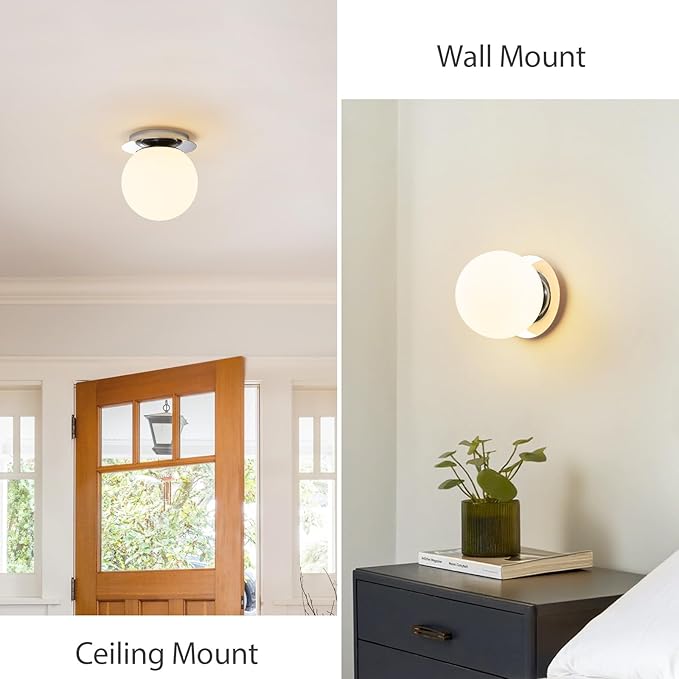 Modern Glass Globe Wall Sconce: Chrome Single Light with Milk Glass Shade - Minimalist Spherical Vanity Sconces over Mirror - Contemporary Ball Wall Lights Fixtures for Entryway Bulb Not Included