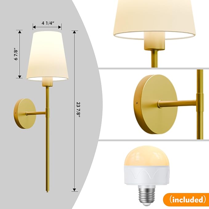 Battery Operated Wall Sconces Set of Two, Gold Wireless Wall Lights with 5200mAh Dimmable Bulbs and Remote, 12 Color Rechargeable Wall Sconce for Bedroom Living Room Hallway, 24 Inch