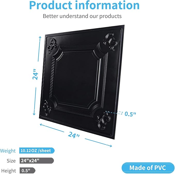 Art3d Drop Ceiling Tiles 24x24 in Black (12-Pack, 48 Sq.ft), Wainscoting Panels Glue Up 2x2