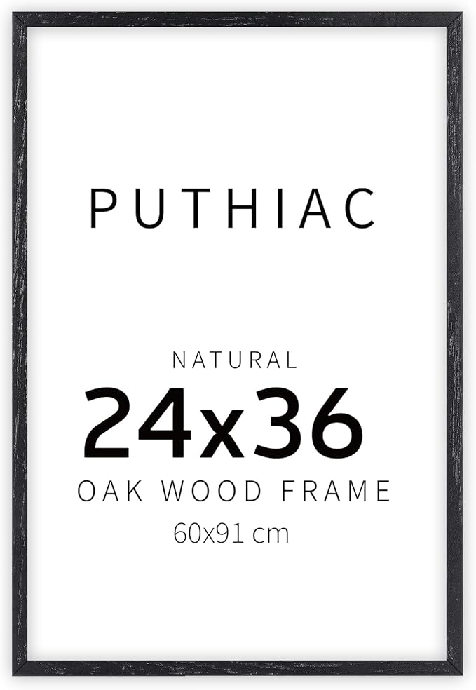 puthiac 24x36 Solid Oak Wood Picture Frame, No Mat, Wall Display Only, Vertical or Horizontal, Plexi Front, 1 Pack, Black