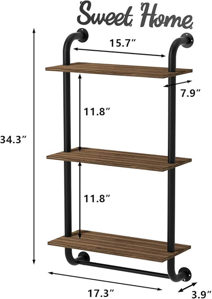 Bathroom Shelves Wall Mounted, 3-Tier Rustic Wood Wall Shelf, 17.3 inch Industrial Pipe Floating Shelf for Bathroom,Kitchen,Bedroom,Living Room,Brown