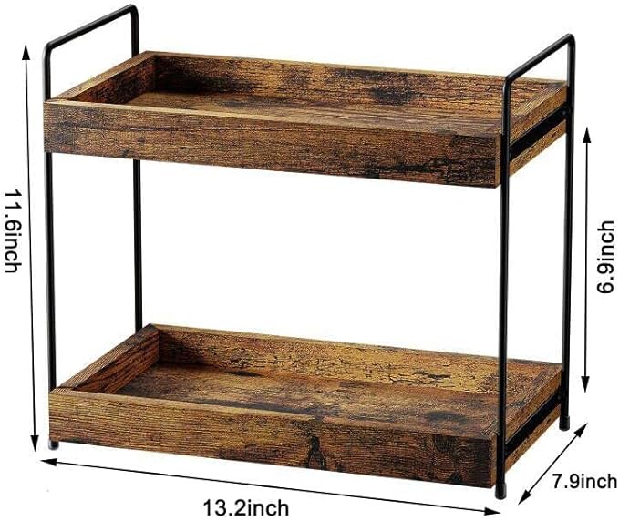 2-Tier Bathroom Counter Organizer, Wood Kitchen Countertop Spice Rack, Vanity Cosmetic Makeup Organizers Shelf for Bathroom Storage Organization, Rustic Brown