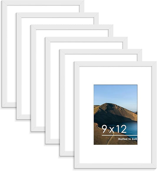 PEALSN 9x12 Picture Frame Set of 6, Display Pictures 6x8 with Mat or 9x12 without Mat for Wall Mounting or Table Top Display, Photo Frames Collage for Wall Decor, White.