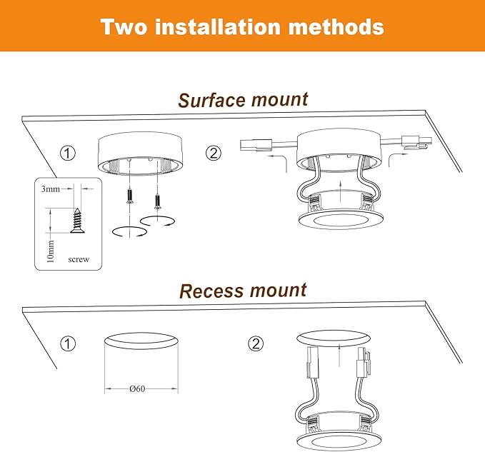 LUMILAND Wired LED Puck Lights (2.7Wx5) Plug-in Lighting Natural White (4000K), LED Cabinet Light for Kitchen Can Be Surface Mount or Recess Mount, Black