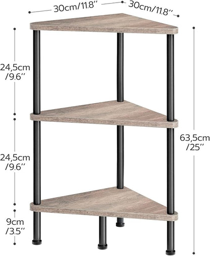 HOOBRO Corner Shelf Stand, Industrial 3-Tier Wall Corner Bookshelf with Metal Frame, Plant Display Shelf, Bookcase for Small Spaces, Living Room, Greige and Black BG30CJ01