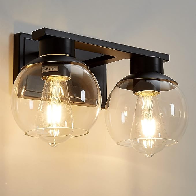 PAZALA 2-Lights Black Bathroom Vanity Lights, Modern Bathroom Lighting Fixtures with Globe Glass Shade, 14in Matte Black Wall Lamp for Bath Over Mirror Kitchen Living Room Hallway Cabinet Porch