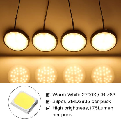 WOBANE LED Under Cabinet Lights, Black Puck Lights, 9W 700Lumens, Remote Control, Dimmable Counter Lighting for Kitchen, Closet, Shelf, 2700K Warm White,Super Bright,Timing, Ultra Thin, Set of 4
