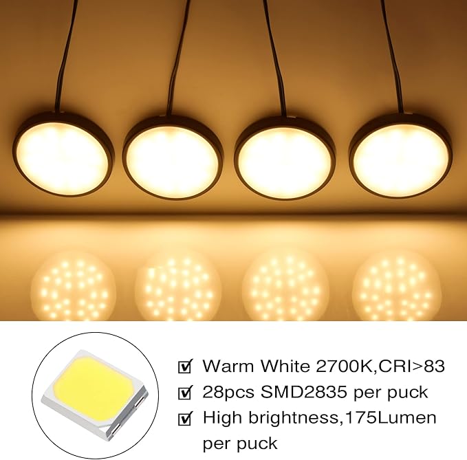 WOBANE LED Under Cabinet Lights, Black Puck Lights, 9W 700Lumens, Remote Control, Dimmable Counter Lighting for Kitchen, Closet, Shelf, 2700K Warm White,Super Bright,Timing, Ultra Thin, Set of 4