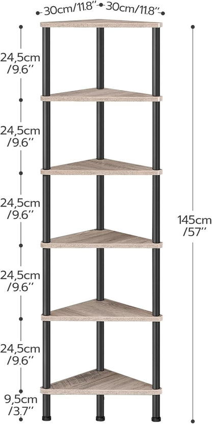 HOOBRO Corner Shelf Stand, Industrial 6-Tier Corner Bookshelf with Metal Frame, Plant Display Shelf, Bookcase for Small Spaces, Living Room, Greige and Black BG36CJ01