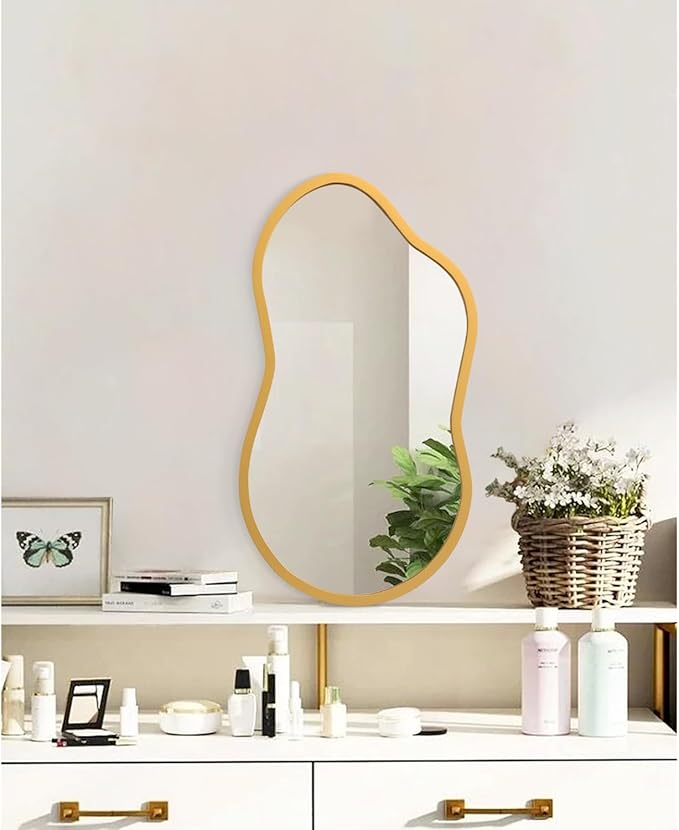 AAZZKANG Gold Asymmetrical Mirror with Wooden Frame Irregular Decorative Wall Mirrors for Bedroom Dressing Room Living Room Bathroom Entryway Small