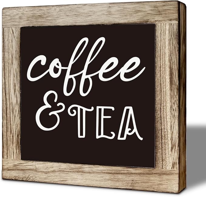 Coffee Bar Decor, Tea Bar Sign, Coffee and Tea Rustic Farmhouse Wooden Box Signs, Funny Humor Kitchen Sign, Rustic Wooden Table Top Decor, Bars Accessories 5.9×5.9 inch