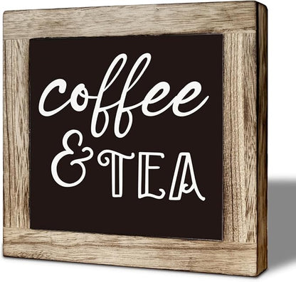 Coffee Bar Decor, Tea Bar Sign, Coffee and Tea Rustic Farmhouse Wooden Box Signs, Funny Humor Kitchen Sign, Rustic Wooden Table Top Decor, Bars Accessories 5.9×5.9 inch