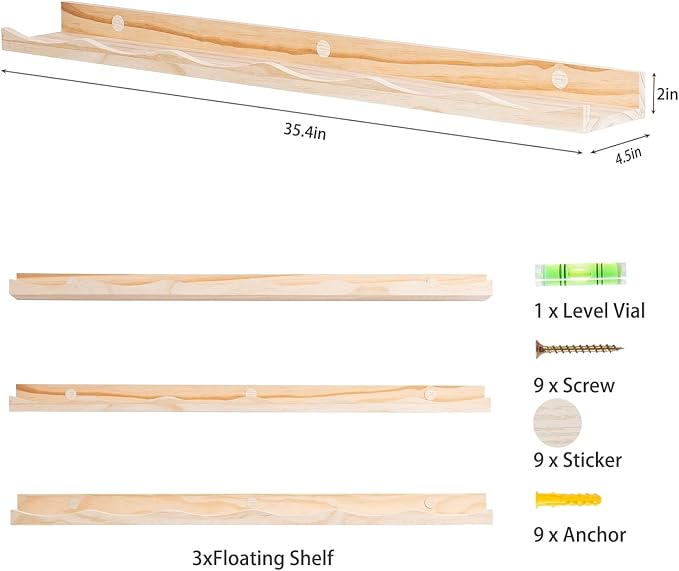 AZSKY Floating Bookshelf for Kids, Floating Shelves for Wall, Cloud Picture Ledge Shelf Natural, 35.4 Inches Nursery Book Shelves Set 3, Baby Book Shelf for Baby & Toddler Room Decor
