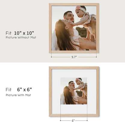 puthiac 10x10 Solid Oak Wood Picture Frame, Fits 6x6 with Mat or 10x10 Without Mat, Wall Display Only, Plexi Front, 1 Pack, Natural Oak