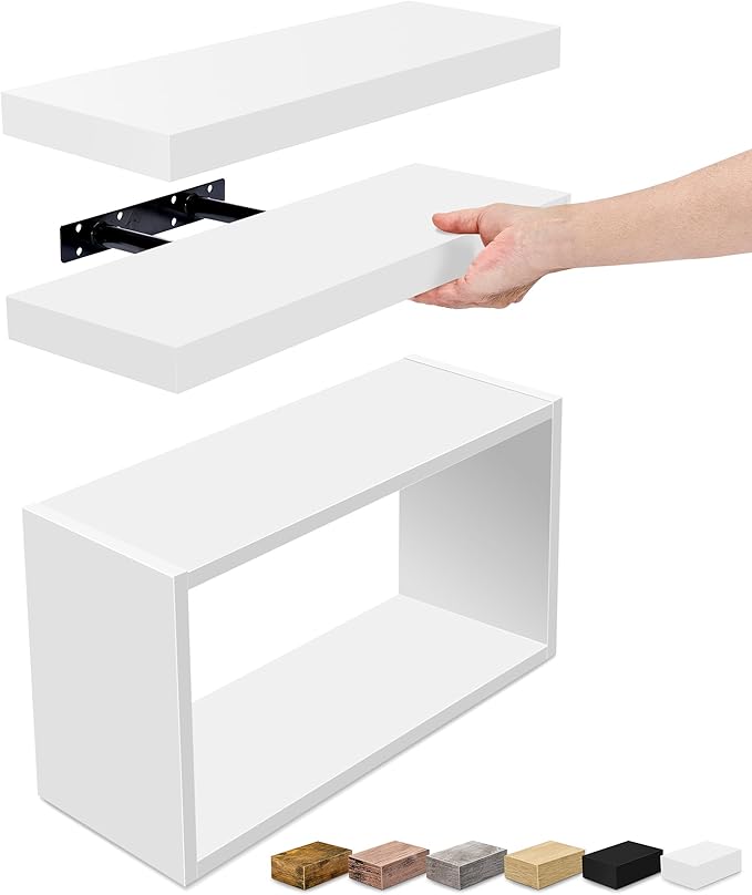 Sorbus Floating Shelves for Wall Set of 3 - Bathroom Shelves for Wall Storage, Over Toilet, Bedroom, Farmhouse, Decor - 2 Floating Shelves with Invisible Brackets & 1 Rectangular Box