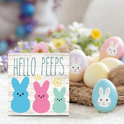 Funny Easter Sign Easter Bunny Peeps Decor Table Decorations Spring Flower Decor Indoor for Home Office Desk Table Shelf Tiered Tray Hello Peeps Wooden Sign 5 X 5 Inch