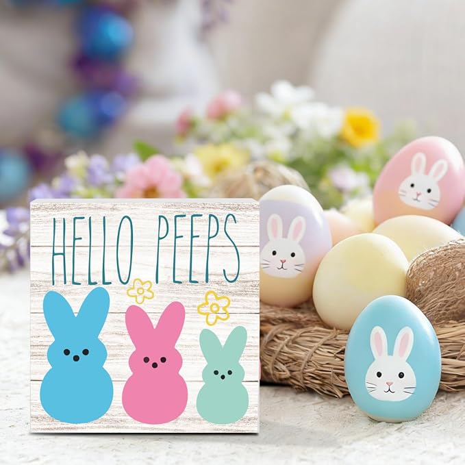 Funny Easter Sign Easter Bunny Peeps Decor Table Decorations Spring Flower Decor Indoor for Home Office Desk Table Shelf Tiered Tray Hello Peeps Wooden Sign 5 X 5 Inch