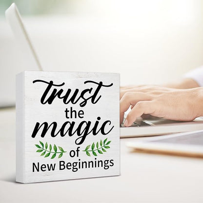 Inspirational Desk Decor New Beginnings Gift for Women Men, Rustic Trust the Magic of New Beginnings Wooden Sign Decorations for Home Office Desk Shelf Table 5 x 5 Inches