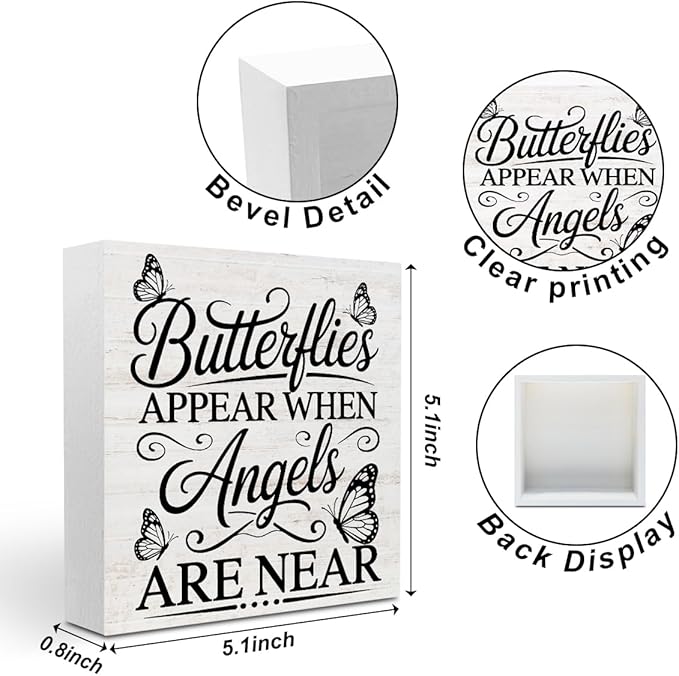 Rustic Religious Sympathy Quote Wood Box Sign Butterflies Appear When Angels are Near Wooden Box Sign Home Desk Shelf Decor Christmas Birthday Gifts for Women Friends Family