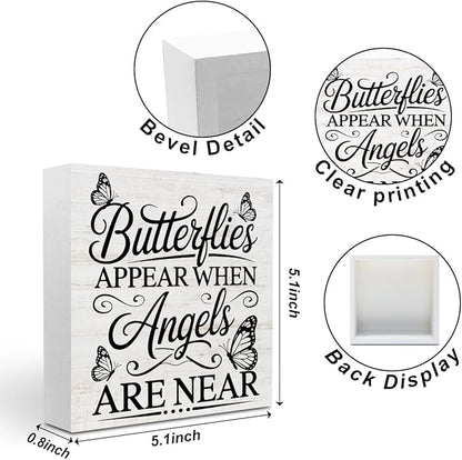 Rustic Religious Sympathy Quote Wood Box Sign Butterflies Appear When Angels are Near Wooden Box Sign Home Desk Shelf Decor Christmas Birthday Gifts for Women Friends Family