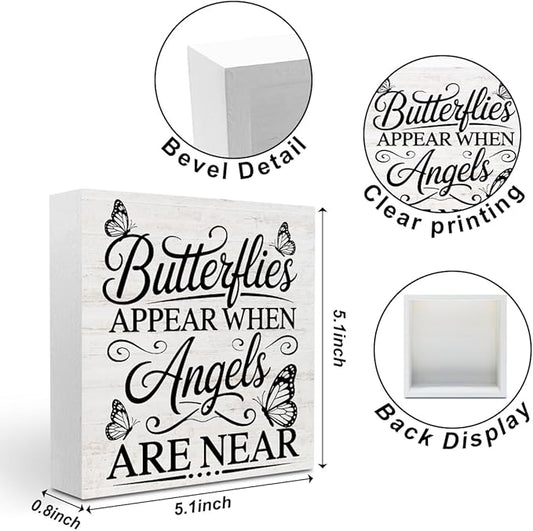 Rustic Religious Sympathy Quote Wood Box Sign Butterflies Appear When Angels are Near Wooden Box Sign Home Desk Shelf Decor Christmas Birthday Gifts for Women Friends Family