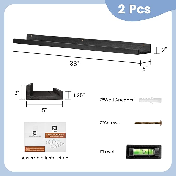 Picture Ledge Shelf Wall, 36 inch Solid Ash Wood Nursery Book Shelves 2 Packs, Floating Ledge Shelves for Kids' Room Bedroom Bathroom Living Room Photo Frames Office Nursey Wall Decor, Black