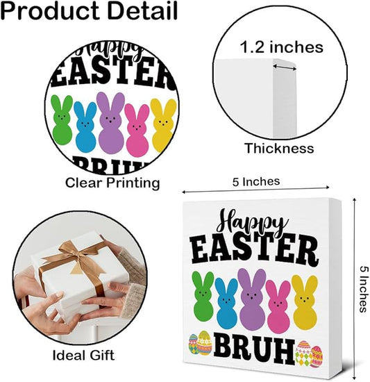 Easter Decor - Happy Easter Bruh Wooden Sign Home Living Room Bedroom Kitchen Bathroom Desk Table Shelf Decor - 5 x 5 Inches