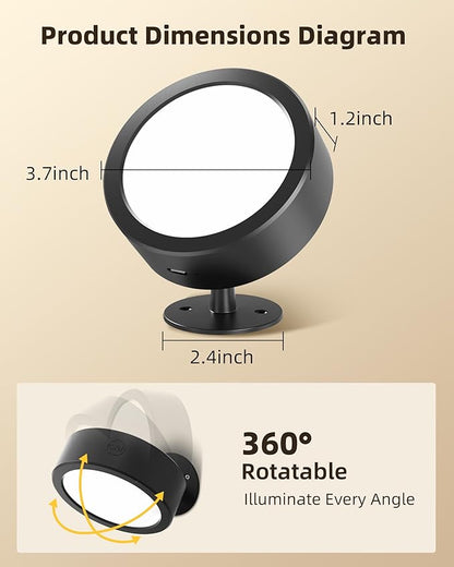 EZVALO LED Wall Mounted Light, 3000mAh Rechargeable Cordless Wall Sconce, Dimmable with Remote & Touch Control, 3 Color Temps, 360° Rotatable for Bedroom, Bedside, Reading (Black, 2 Pack)
