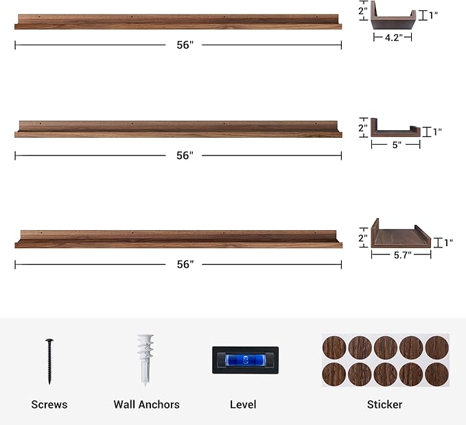 Axeman Picture Ledge Shelf | 55 Inch Walnut Floating Shelves Set of 3 | Rustic Wood Wall Shelves with Lip | 55