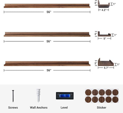 Axeman Picture Ledge Shelf | 55 Inch Walnut Floating Shelves Set of 3 | Rustic Wood Wall Shelves with Lip | 55" Walnut Picture Shelf for Wall with Ledge | Photo Shelves