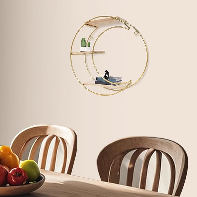 3 Tier Floating Circular Wall Decor Round Decorative Hanging Shelves,Round Wall Shelf,Rounds Shelves Wall Decor,Circle Shelf Set,Storage Display Rack,Hanging Circle Floating Shelves For Kitchen Moon