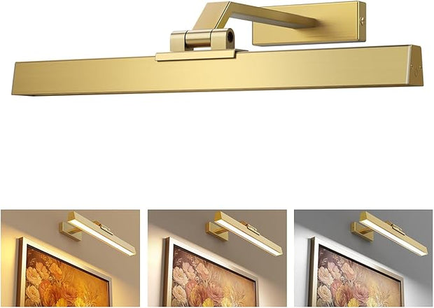 Picture Lights for Wall, Brushed Gold Battery Operated Picture Light 16in Art Light CCT Dimmable Recharging Battery Wall Light with Remote Control for Living Room Gallery