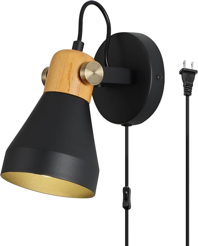 Modern Plug-in Wall Sconces - Adjustable Reading Light with Real Wood Accent, Matte Black Wall Lamp for Bedroom, Living Room, Apartment, Home Office