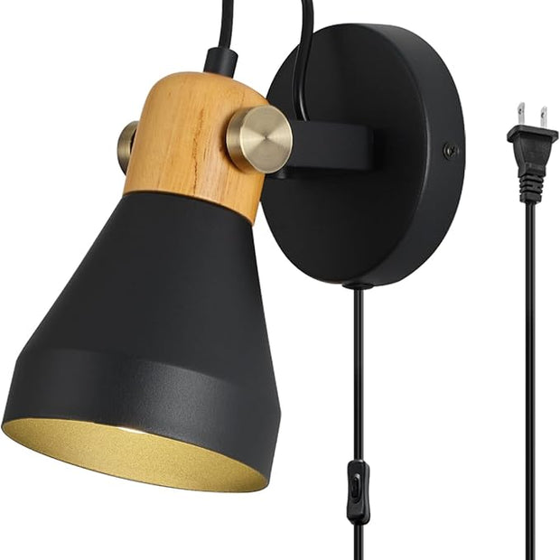 Modern Plug-in Wall Sconces - Adjustable Reading Light with Real Wood Accent, Matte Black Wall Lamp for Bedroom, Living Room, Apartment, Home Office