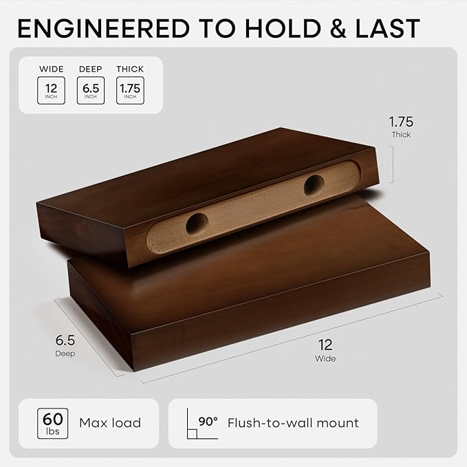 Homeforia Walnut 12 inch Floating Shelf, High End Solid Real Wood Small 12inch Floating Shelves for Wall Mounted, Dark Brown 12in Floating Shelves, Heavy Duty Bracket, 12 X 6.5 X 1.75 inches, Set of 3
