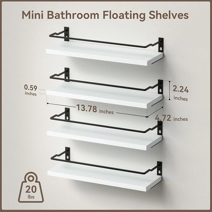 RICHER HOUSE White Bathroom Floating Wall Shelf Set of 4, Small Organizer Over Toilet Storage, Guard-Rail Kitchen Shelves - White