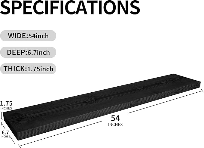 BGMG Wood Floating Shelves for Wall 54 inch Set of 2,Black Floating Shelves,Solid Wood Wall Mount Shelves for Bathroom Living Room Bedroom Kitchen Farmhouse -54x 6.7 x1.75 inch