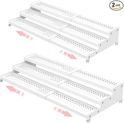 3-Tier Expandable Metal Spice Rack Organizer for Cabinet & Pantry, Adjustable 12.8-24" Heavy Duty Step Shelf for Kitchen Countertop, Spices, Perfumes & Mini Figures, Non-Slip(WHITE,2PACK)